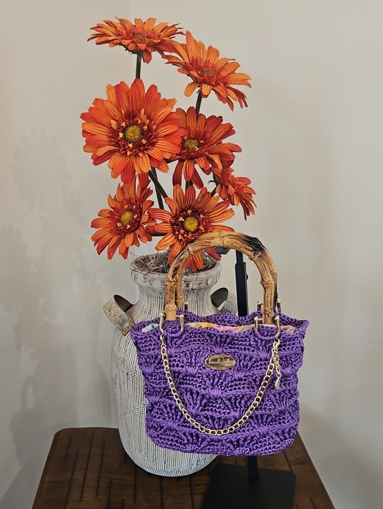 Handmade Handbags - Hand Crocheted Purple Hand Bag with Bamboo Handles